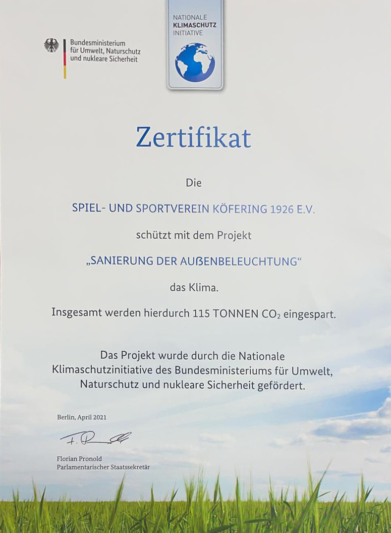 Zertifikat: Sanierung der Außenbeleuchtung