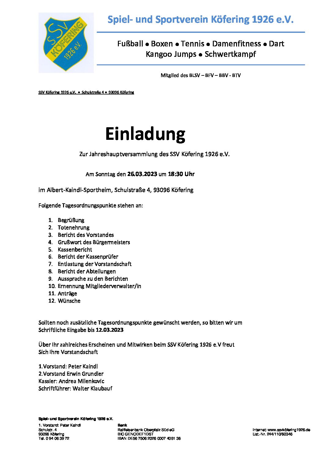 Jahreshauptversammlung SSV Köfering 2023