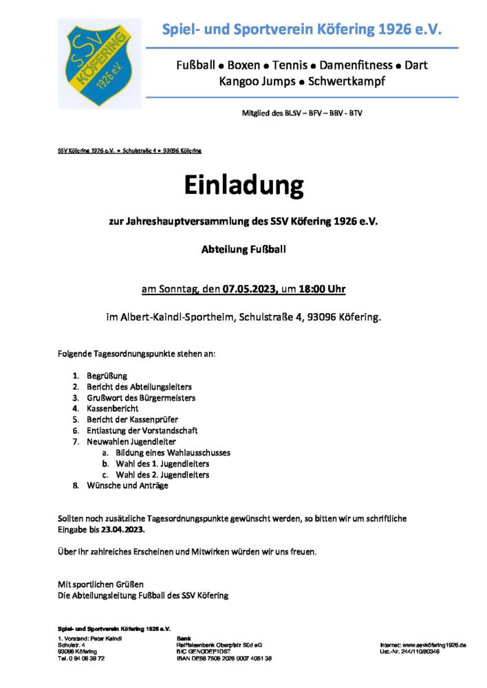 Jahreshauptversammlung SSV Köfering 2023 – Abteilung Fußball
