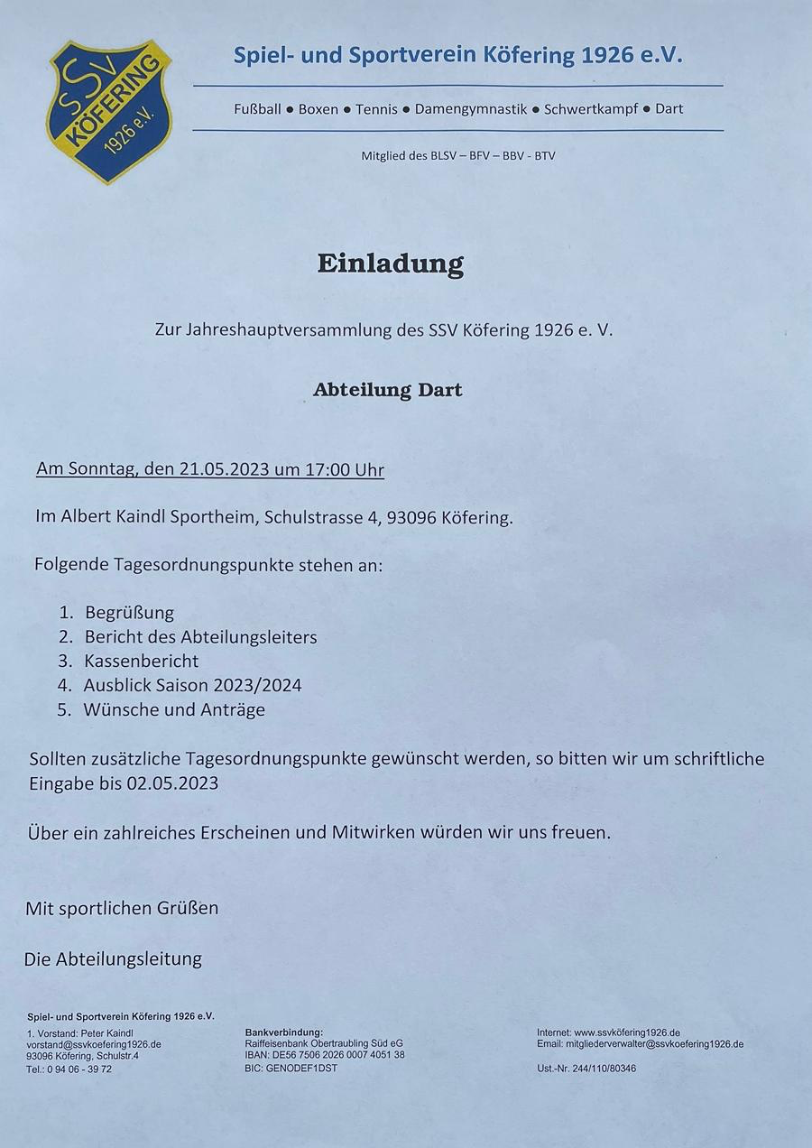 Jahreshauptversammlung SSV Köfering 2023 – Abteilung Dart