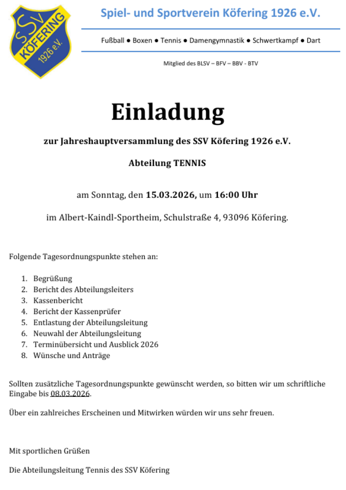 Jahreshauptversammlung 2026 – Abteilung Tennis